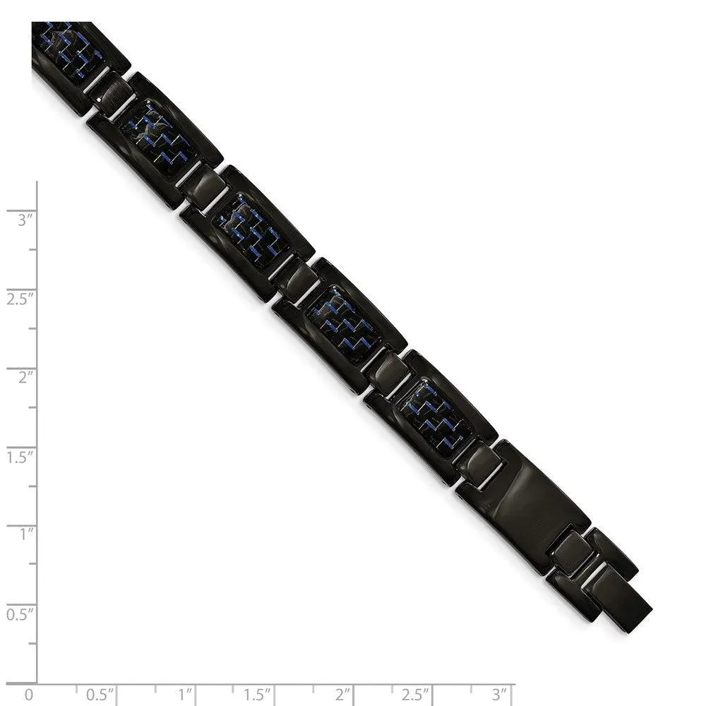 Stainless Steel Polished Black IP-plated w/Blue Carbon Fiber Inlay Bracelet