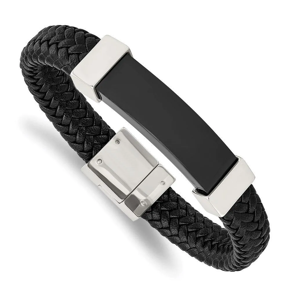 Stainless Steel Polished Black IP-plated with Black Leather 8.5in Bracelet 