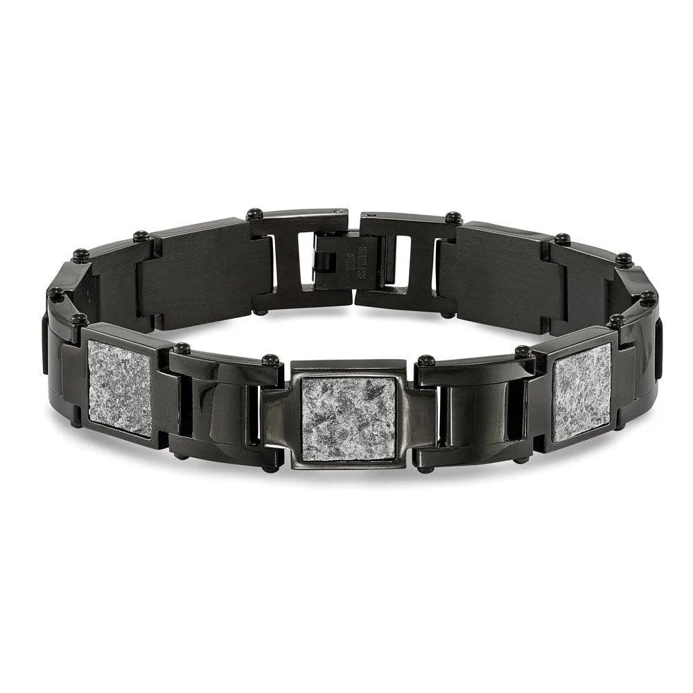 Stainless Steel Polished Black IP w/Sedimentary Rock Inlay 8.5in Bracelet