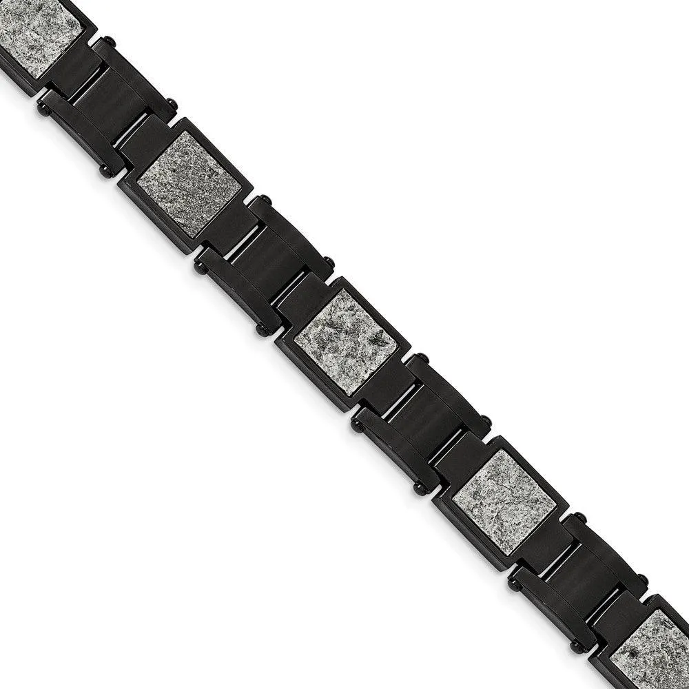 Stainless Steel Polished Black IP w/Sedimentary Rock Inlay 8.5in Bracelet 