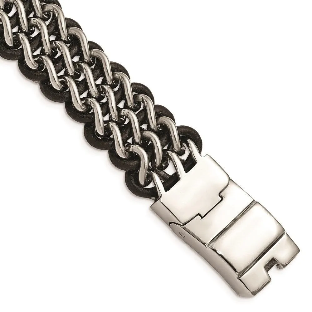 Stainless Steel Polished Black Leather Bracelet 