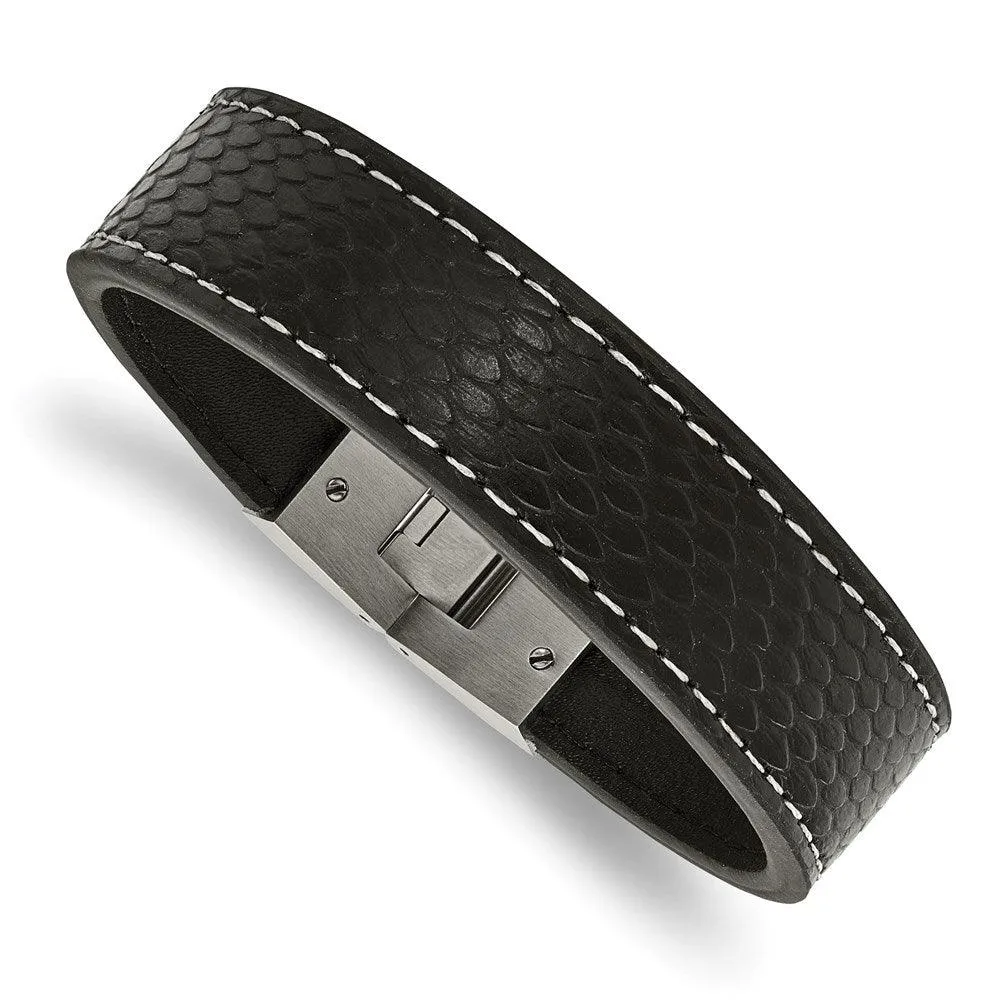 Stainless Steel Polished Black Leather Bracelet 