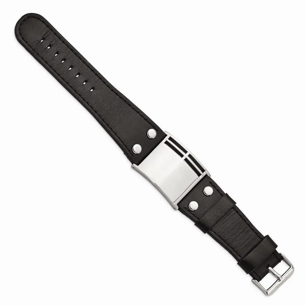Stainless Steel Polished Black Leather Buckle Bracelet