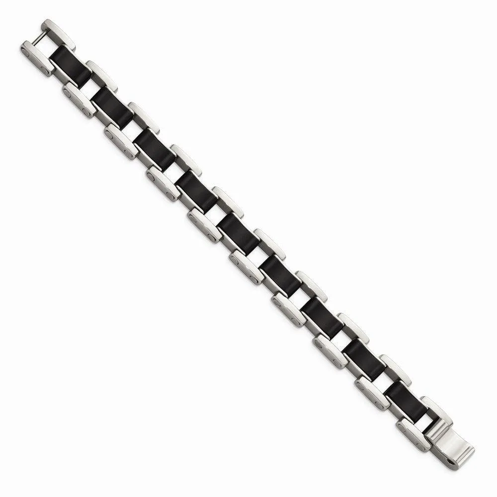 Stainless Steel Polished Black Rubber Bracelet