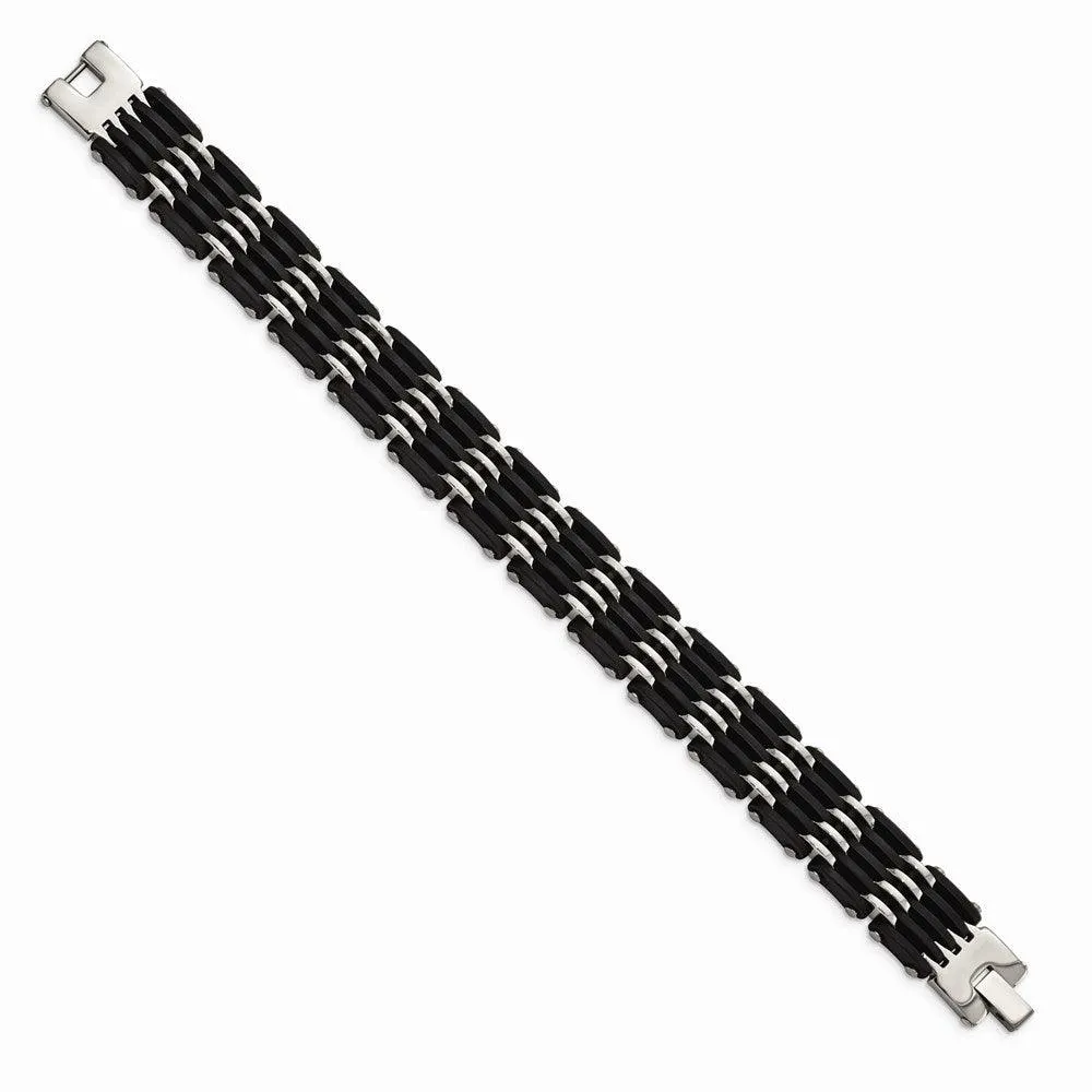 Stainless Steel Polished Black Rubber Bracelet
