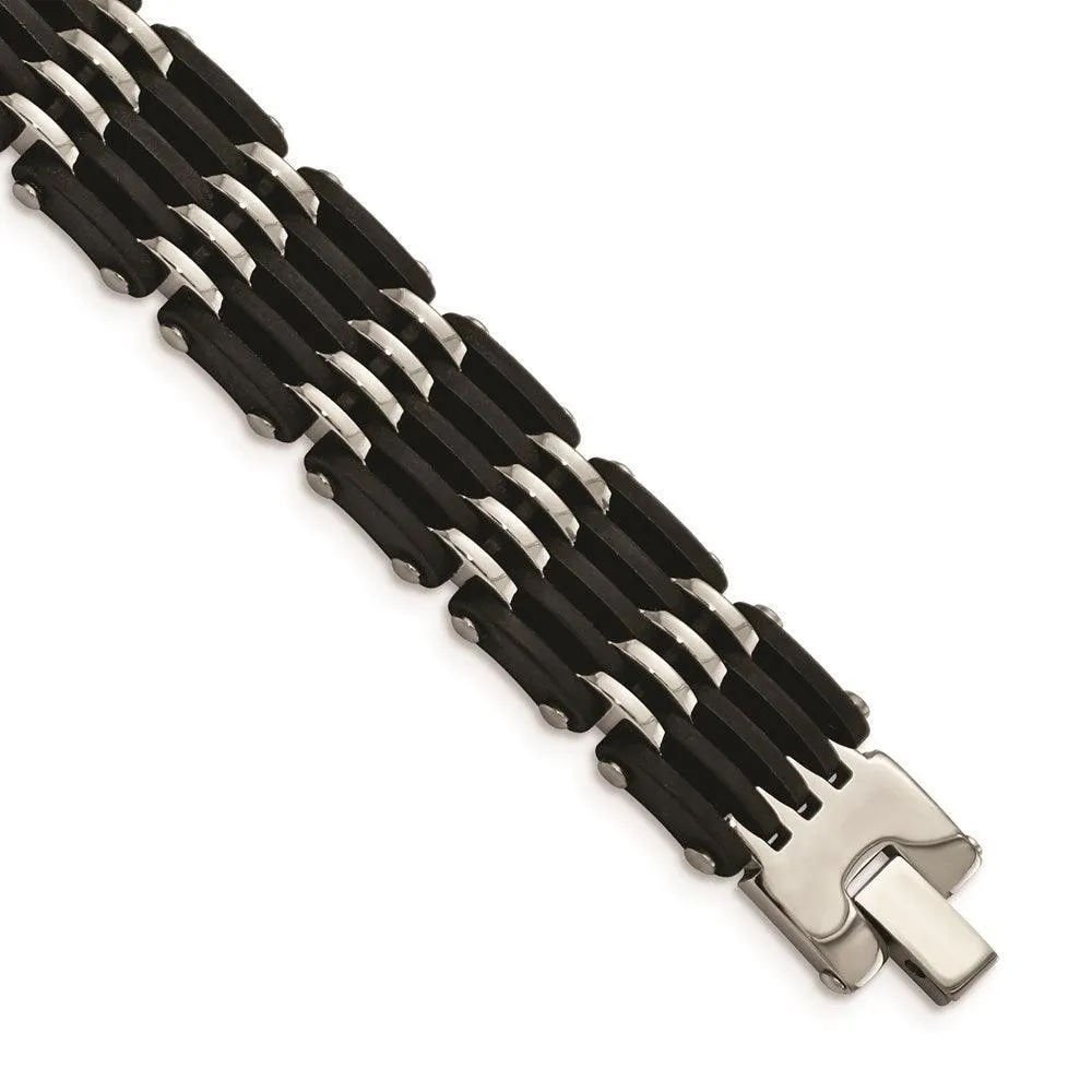 Stainless Steel Polished Black Rubber Bracelet 
