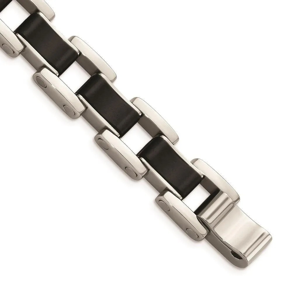 Stainless Steel Polished Black Rubber Bracelet 