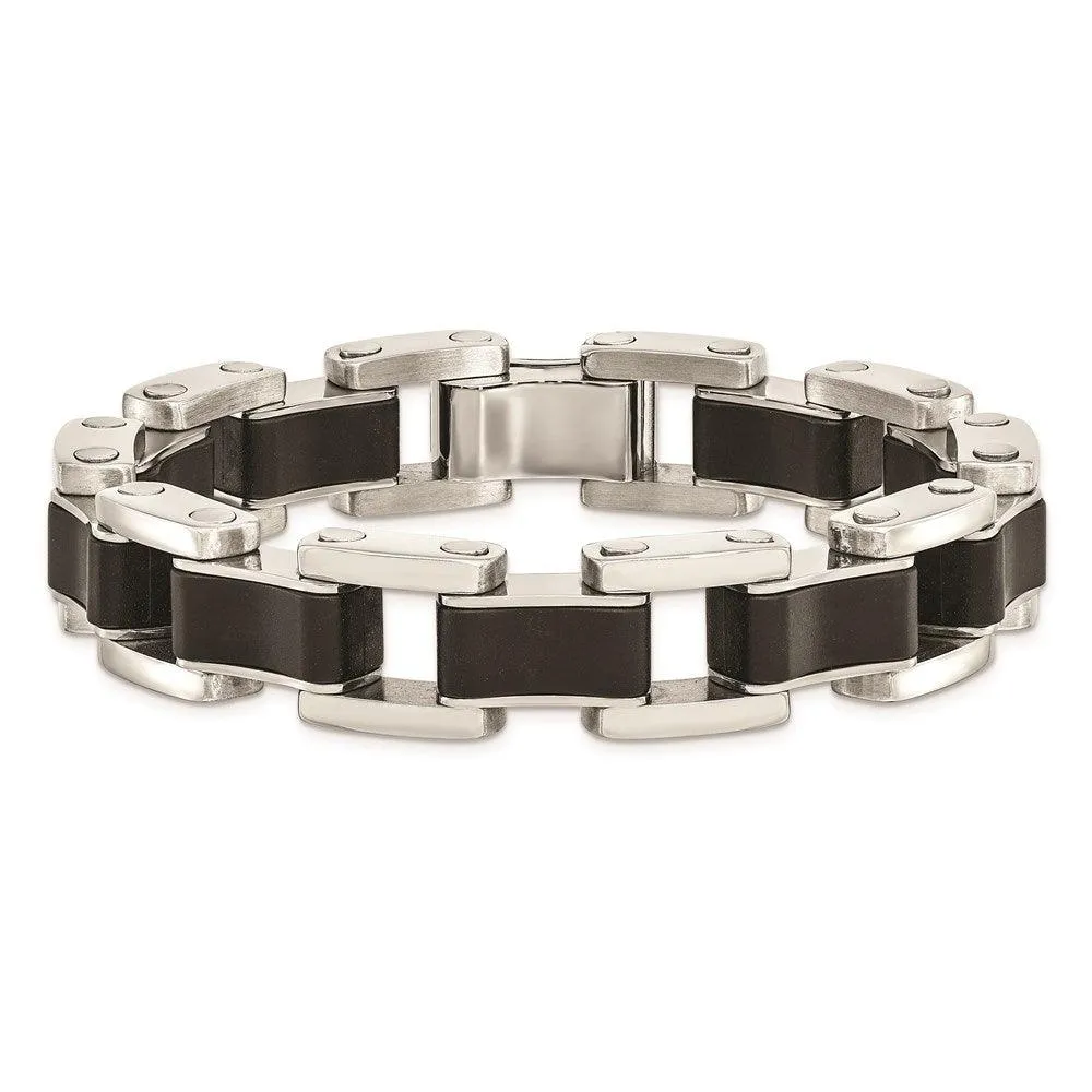 Stainless Steel Polished Black Rubber Bracelet