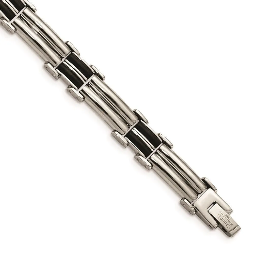 Stainless Steel Polished Black Rubber Bracelet 
