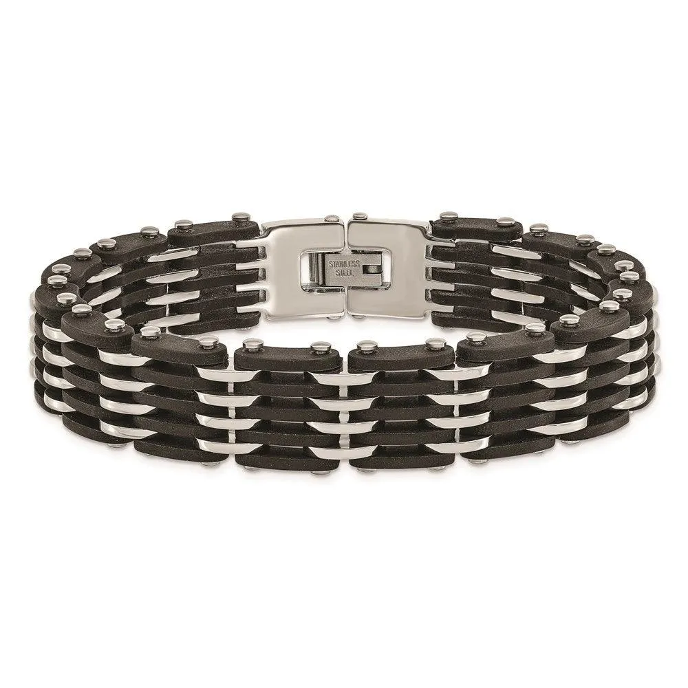 Stainless Steel Polished Black Rubber Bracelet