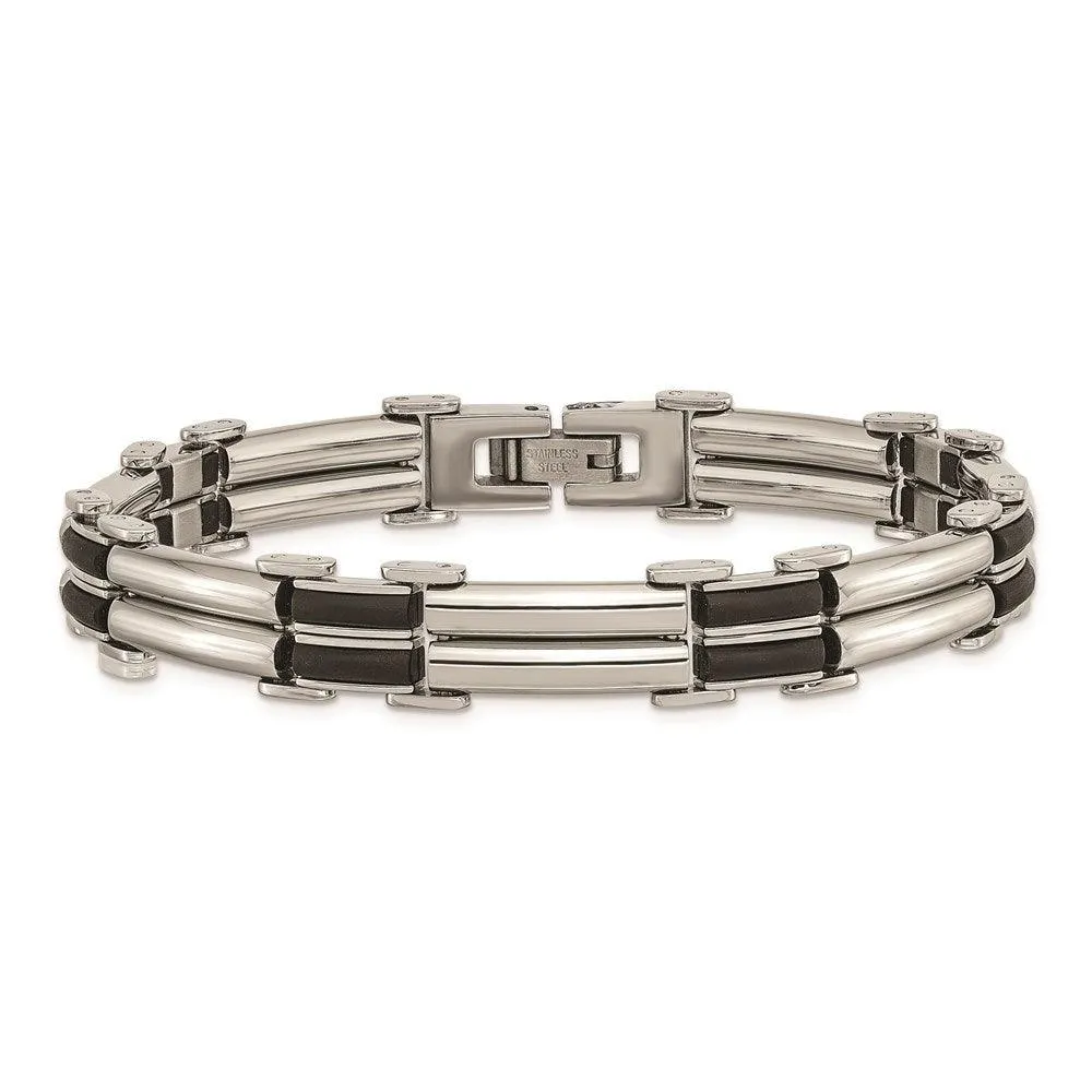 Stainless Steel Polished Black Rubber Bracelet