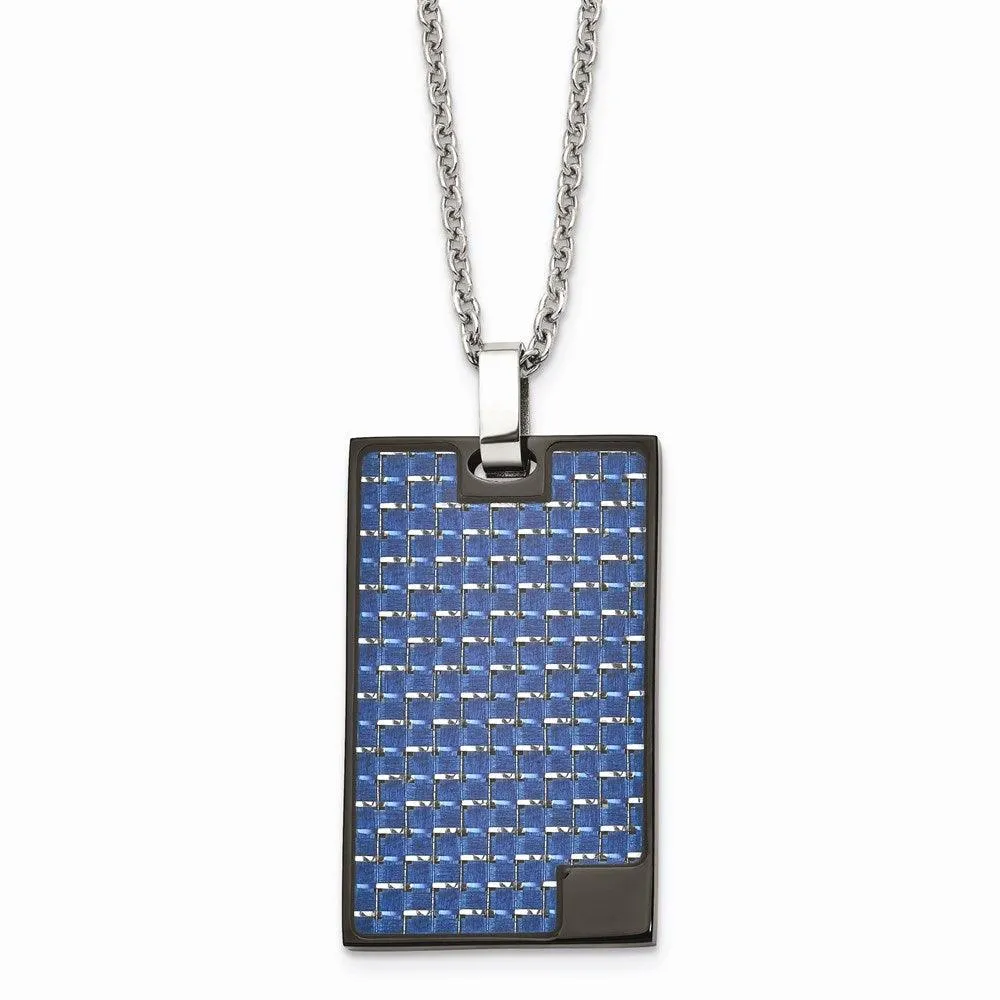 Stainless Steel Polished BlackIP-plated w/Blue Carbon Fiber Inlay Necklace 