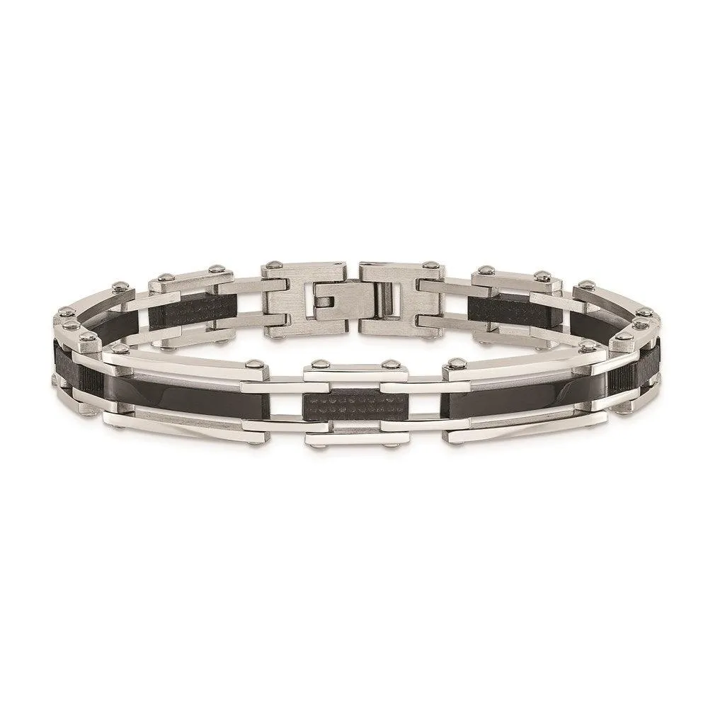 Stainless Steel Polished Blk IP-plated Solid Black Carbon Fiber Links Brac