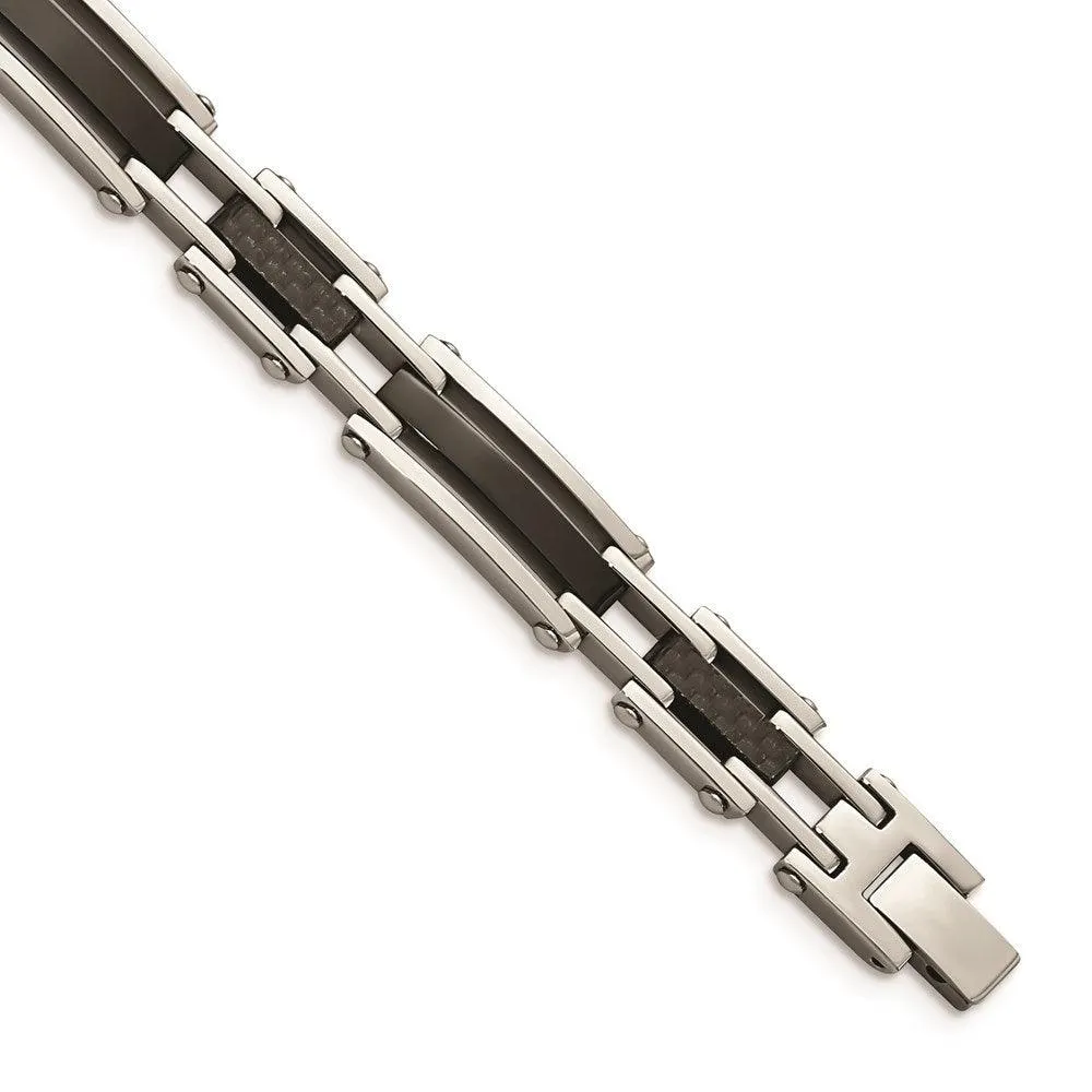 Stainless Steel Polished Blk IP-plated Solid Black Carbon Fiber Links Brac 