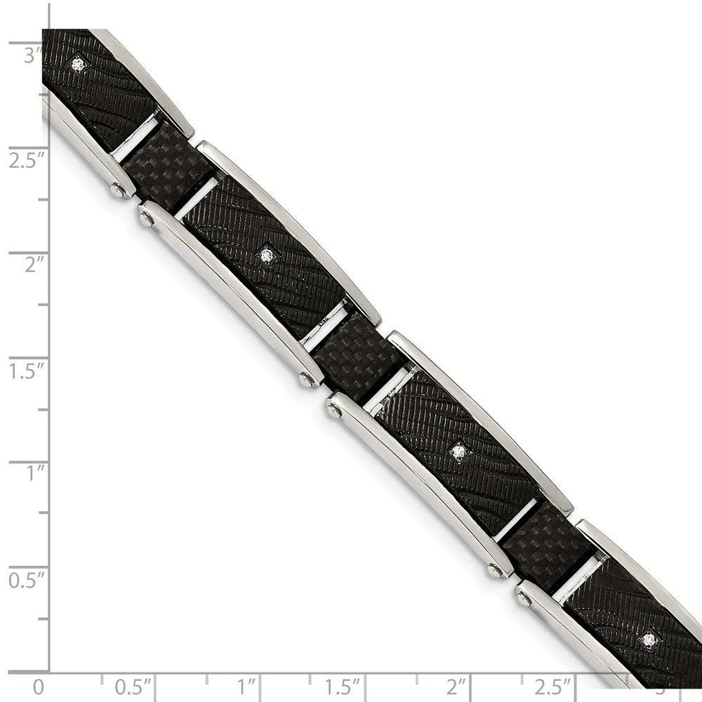 Stainless Steel Polished Blk IP w/CZ and Black Carbon Fiber 8.75in Bracelet