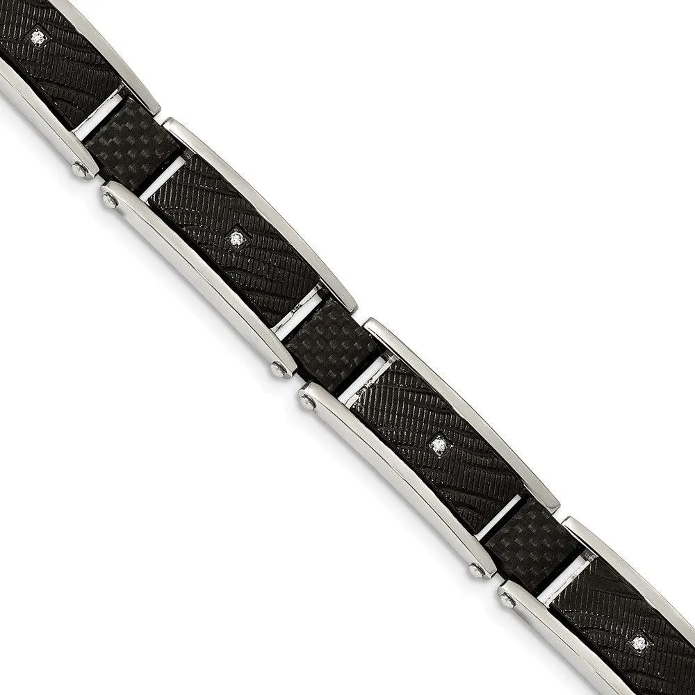 Stainless Steel Polished Blk IP w/CZ and Black Carbon Fiber 8.75in Bracelet 