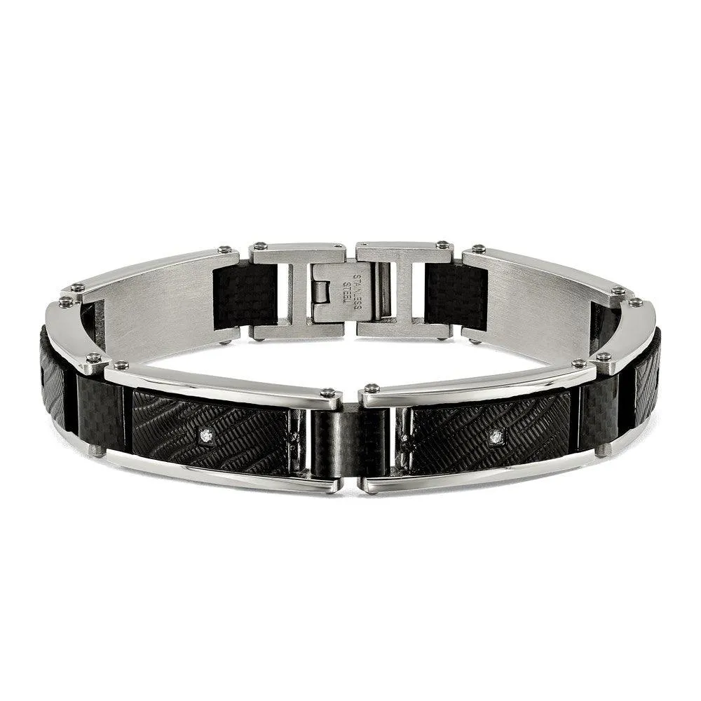 Stainless Steel Polished Blk IP w/CZ and Black Carbon Fiber 8.75in Bracelet