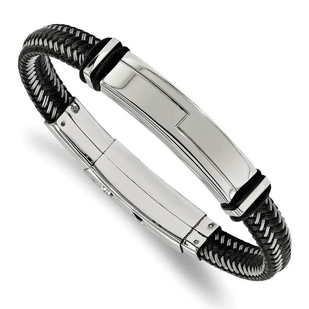 Stainless Steel Polished Blk Leather w/Rubber Adj 8.25-8.75in ID Bracelet 