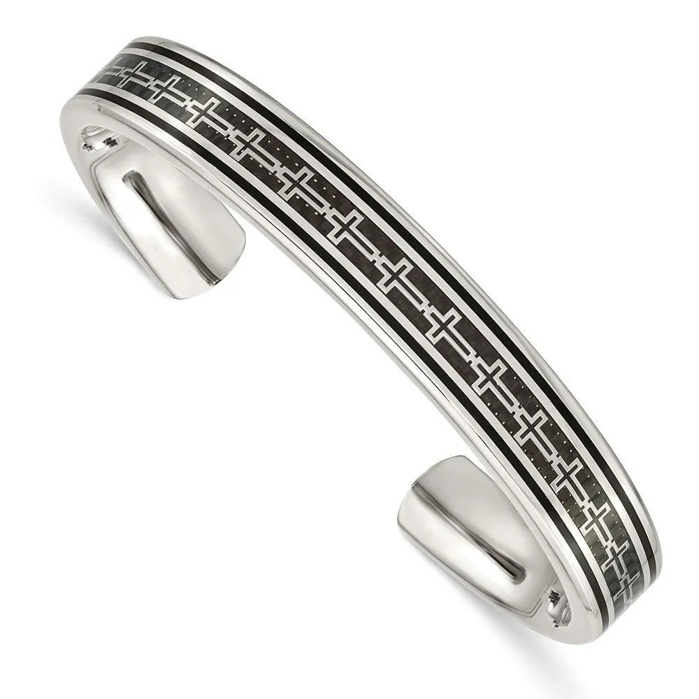 Stainless steel Polished Carbon Fiber Inlay/Black IP-plated Cross Bangle 