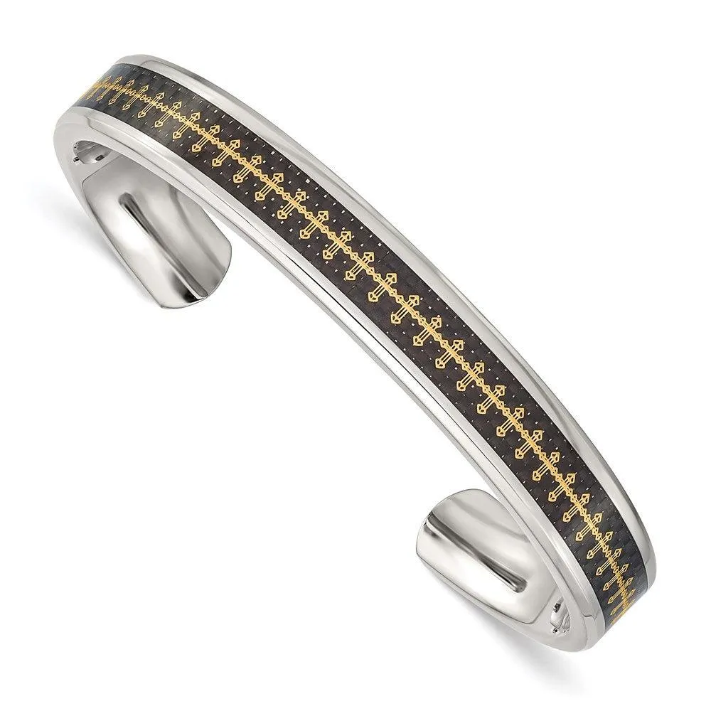 Stainless Steel Polished Carbon Fiber Inlay/Yellow IP-plated Cross Bangle 