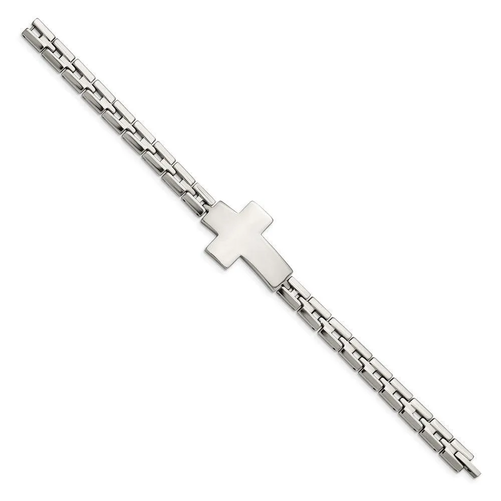 Stainless Steel Polished Cross 8in Link Bracelet