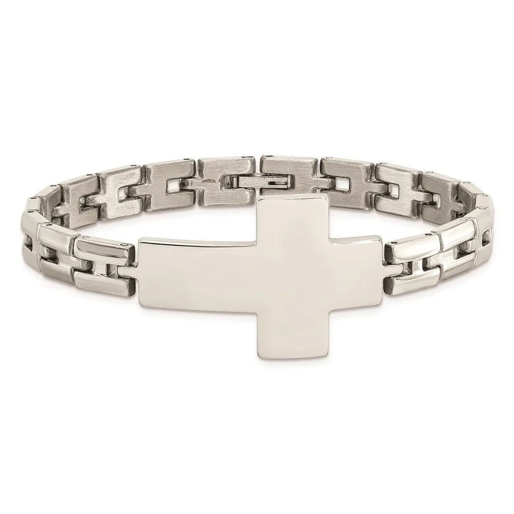 Stainless Steel Polished Cross 8in Link Bracelet