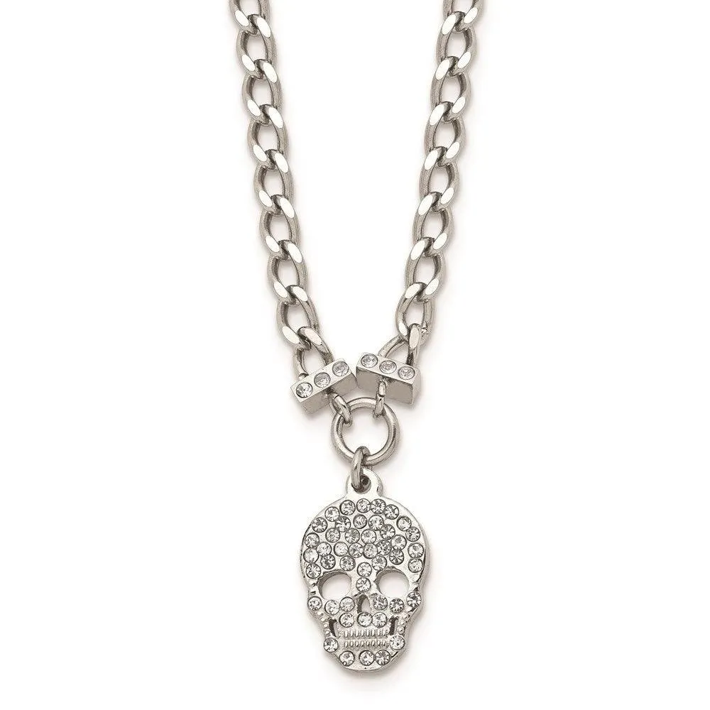 Stainless Steel Polished Crystal Skull Necklace 