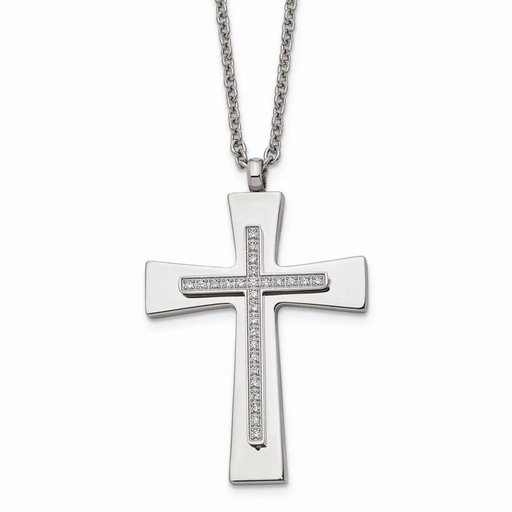 Stainless Steel Polished CZ Cross Necklace 