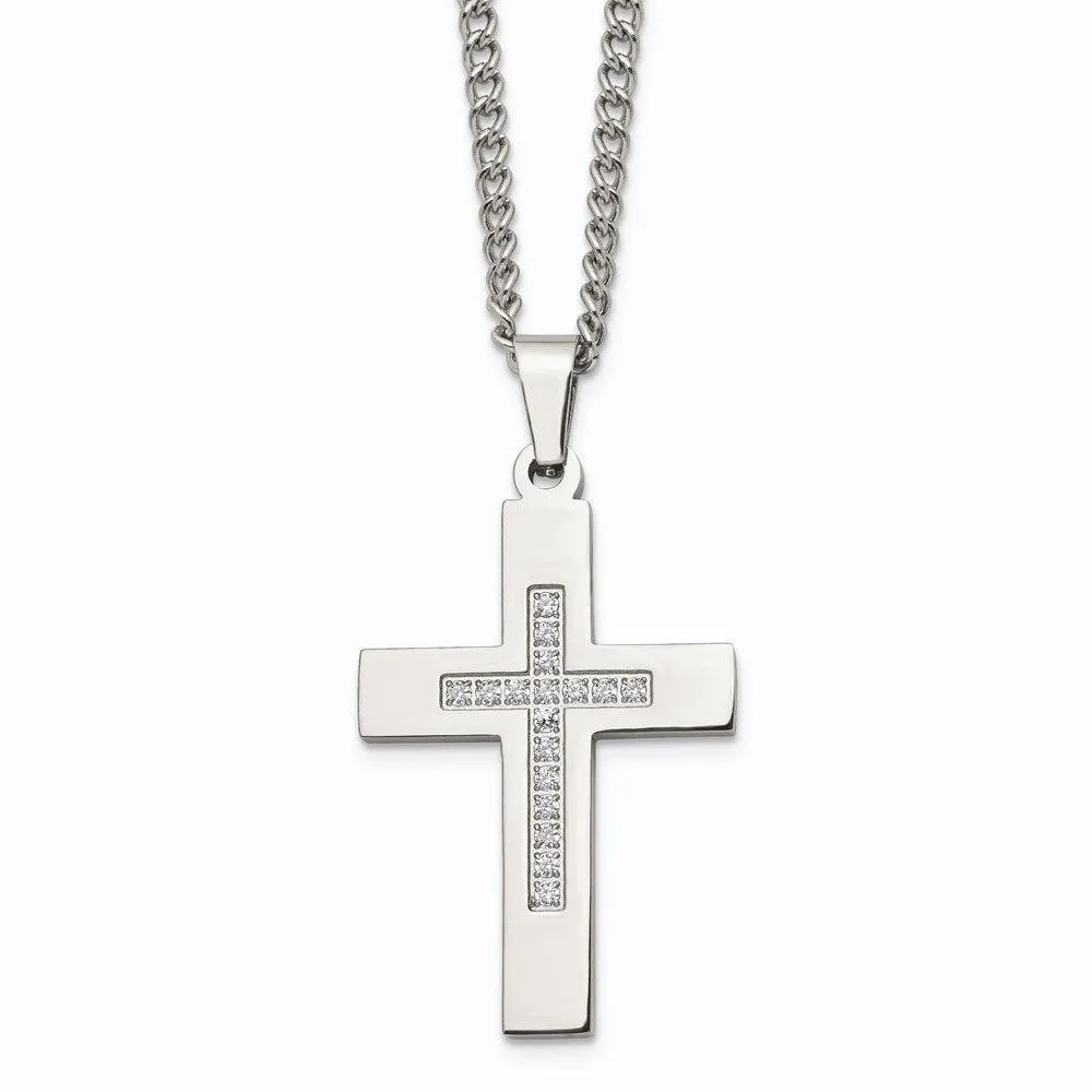 Stainless Steel Polished CZ Cross Necklace 