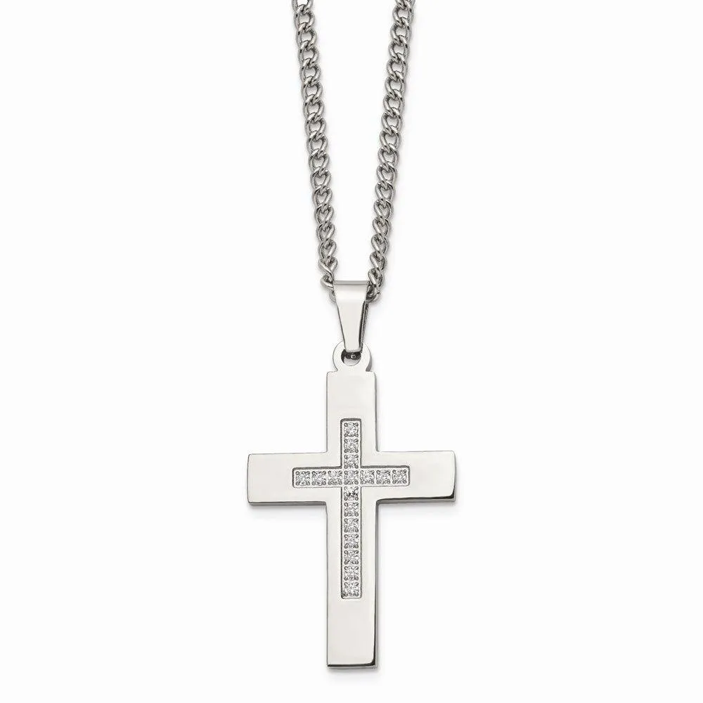 Stainless Steel Polished CZ Cross Necklace