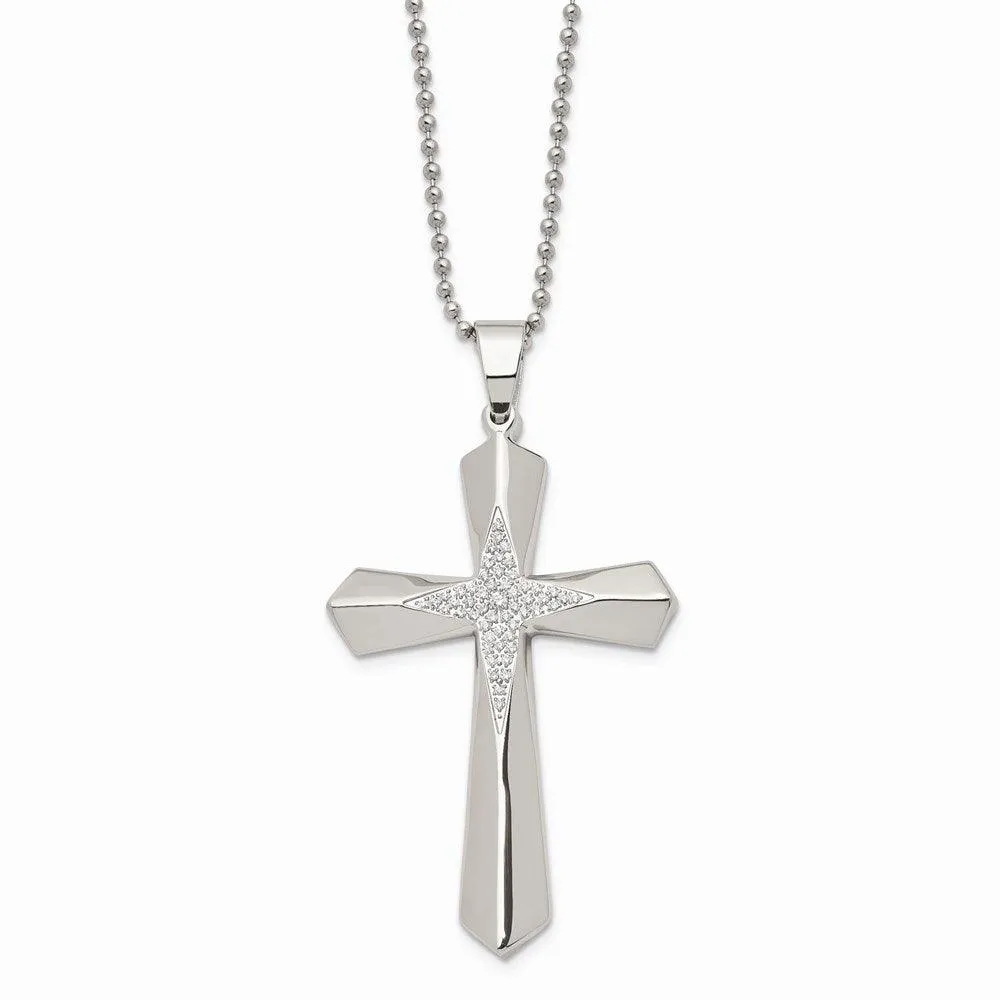 Stainless Steel Polished CZ Cross Necklace 