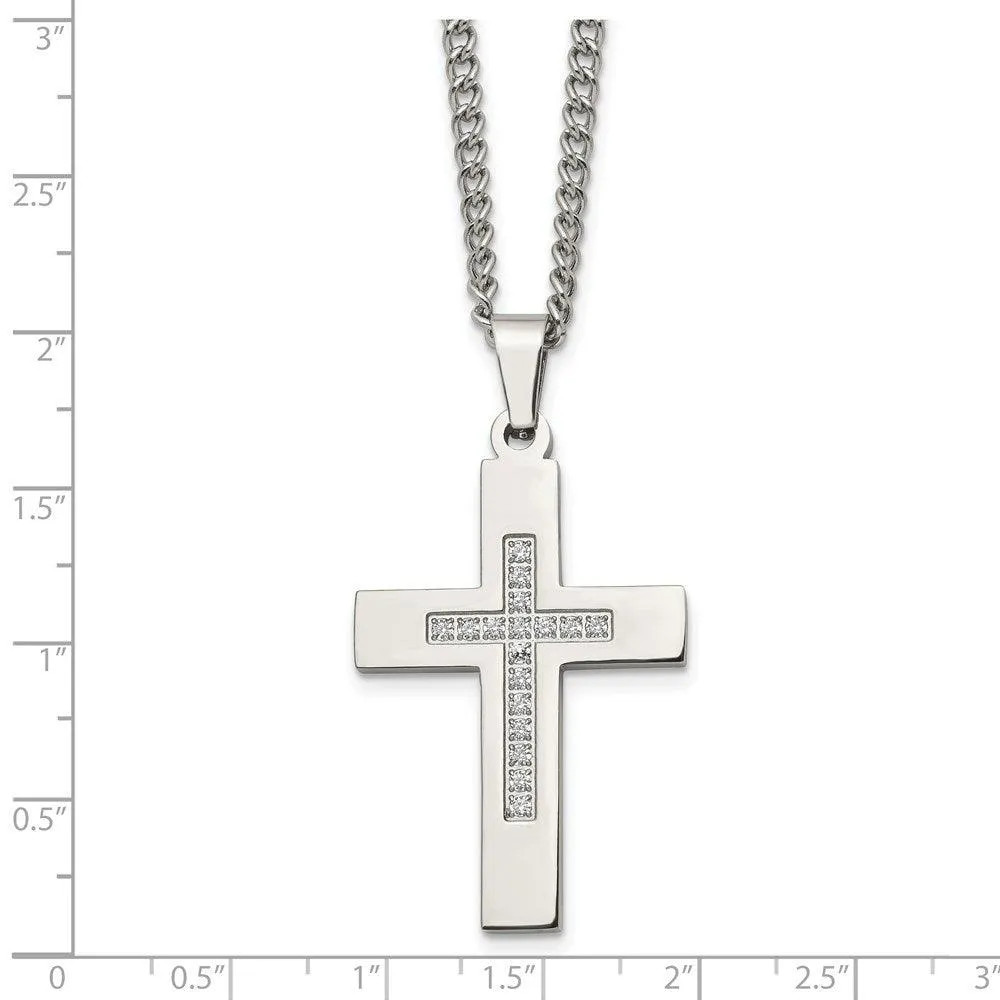 Stainless Steel Polished CZ Cross Necklace