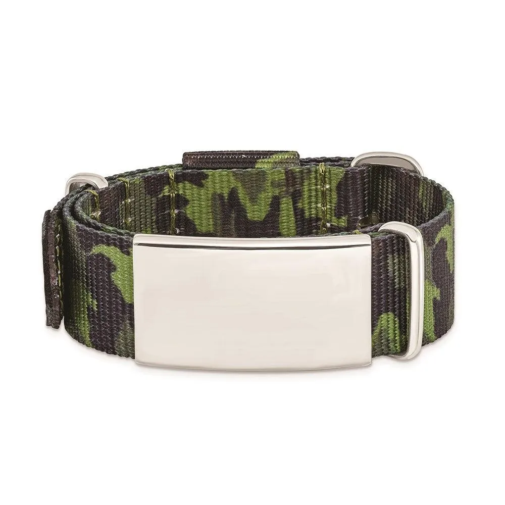 Stainless Steel Polished Green Camo Fabric Adjustable ID Bracelet