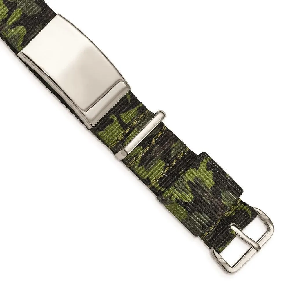 Stainless Steel Polished Green Camo Fabric Adjustable ID Bracelet 