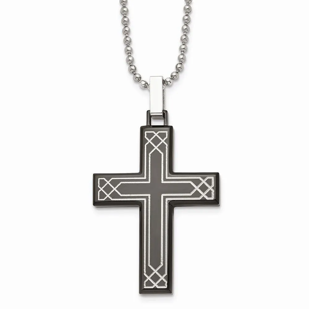Stainless Steel Polished Laser Etched Black IP Cross Necklace 