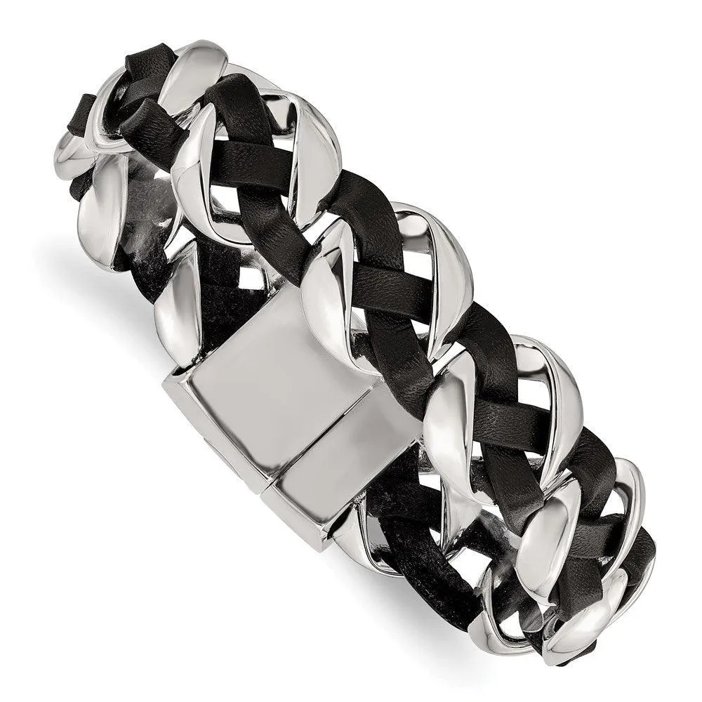 Stainless Steel Polished Leather Braided Bracelet 