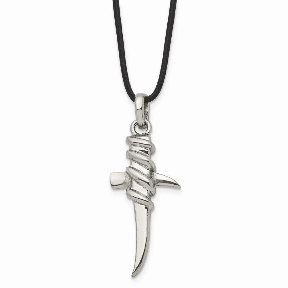 Stainless Steel Polished Leather Cord Cross Necklace 