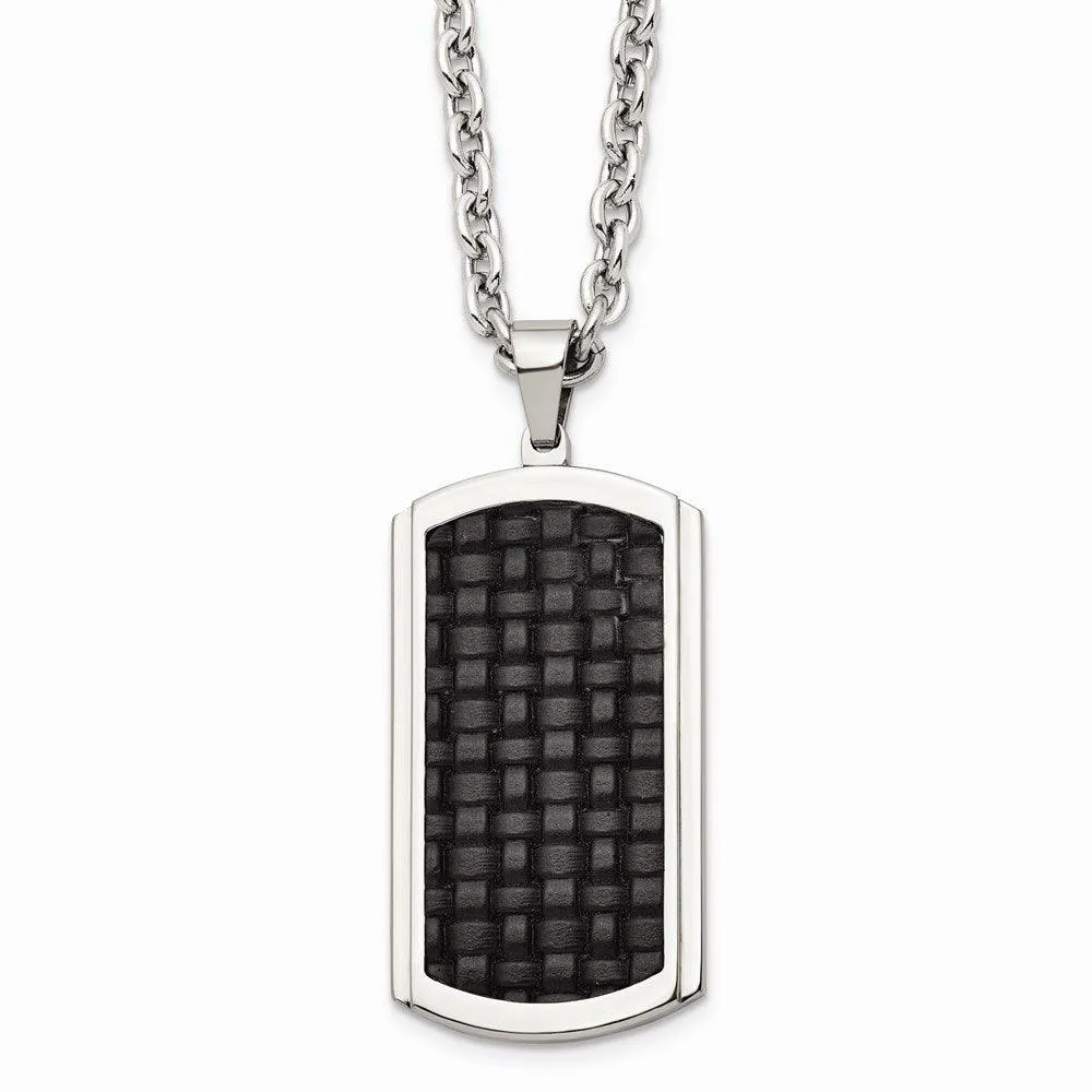 Stainless Steel Polished Leather Inlay Dog Tag Necklace 