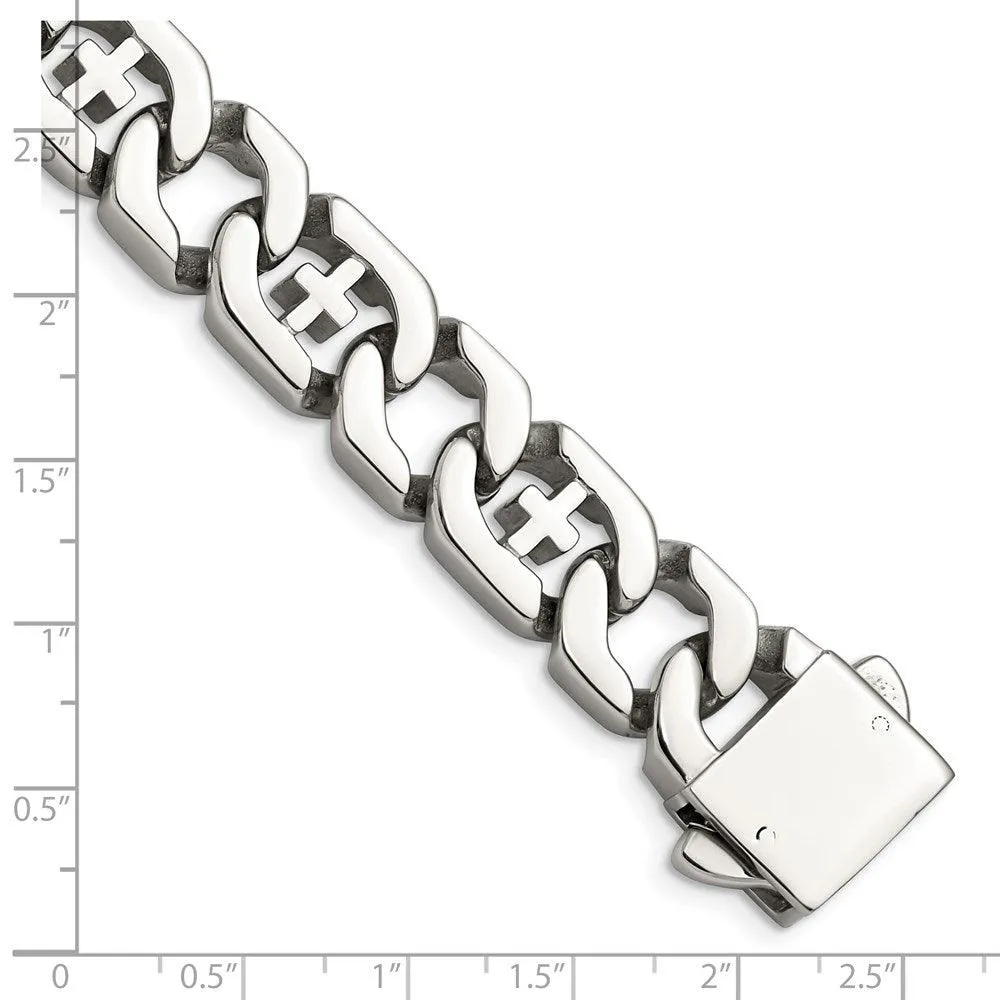 Stainless Steel Polished Link w/Crosses 8.5in Bracelet