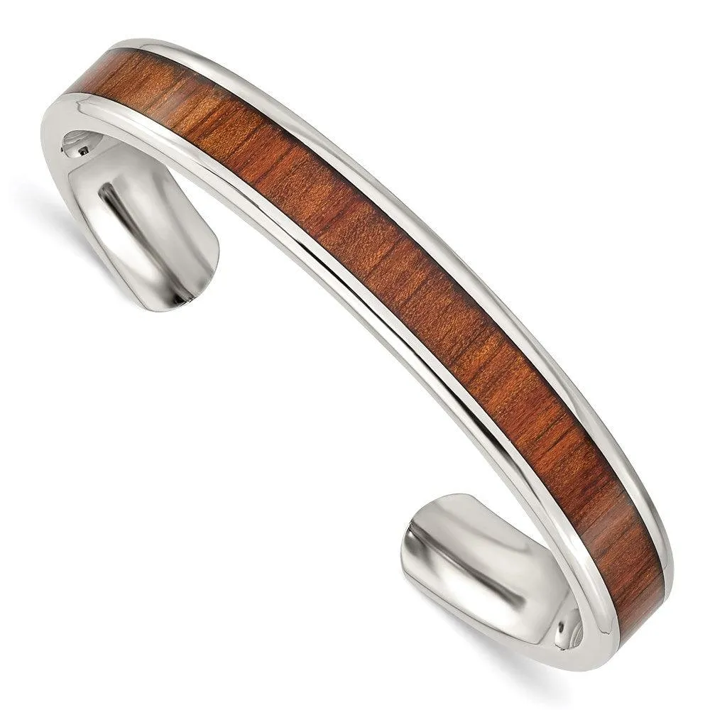 Stainless Steel Polished Red/Orange Wood Inlay Bangle 