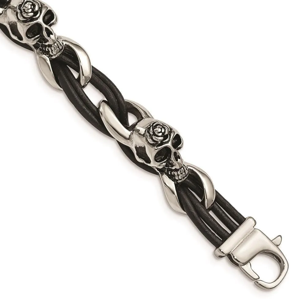 Stainless Steel Polished Skulls/Roses Black Leather Bracelet 