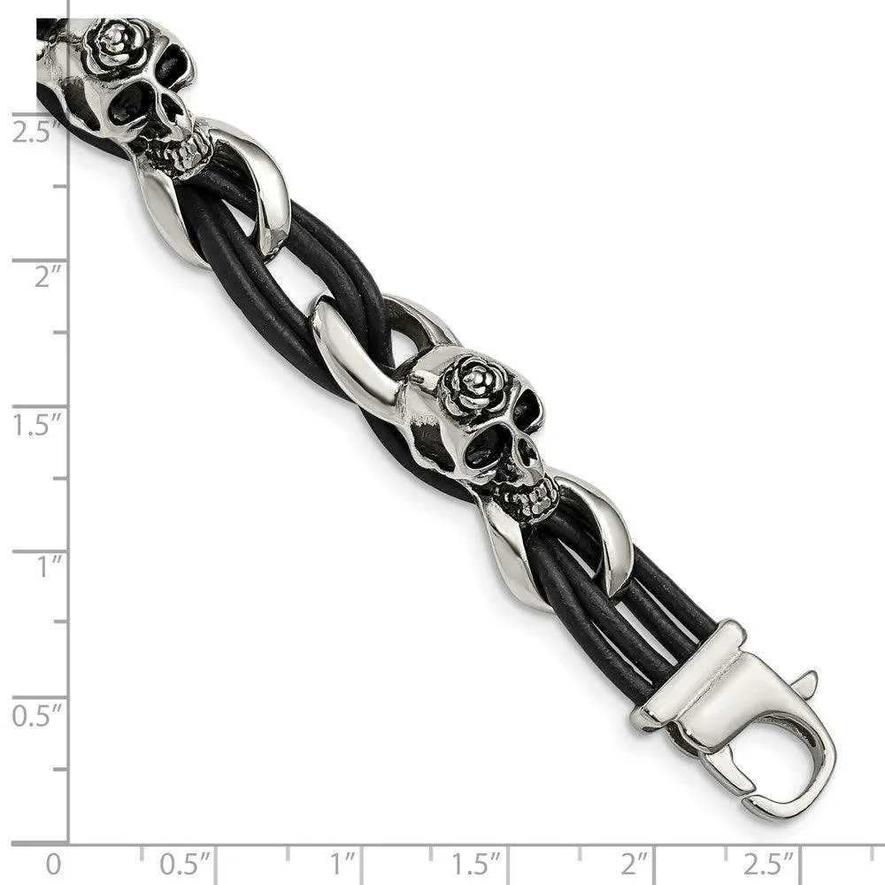 Stainless Steel Polished Skulls/Roses Black Leather Bracelet