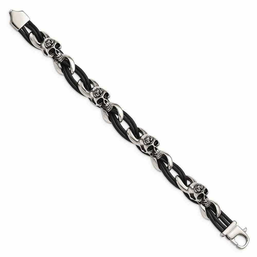 Stainless Steel Polished Skulls/Roses Black Leather Bracelet
