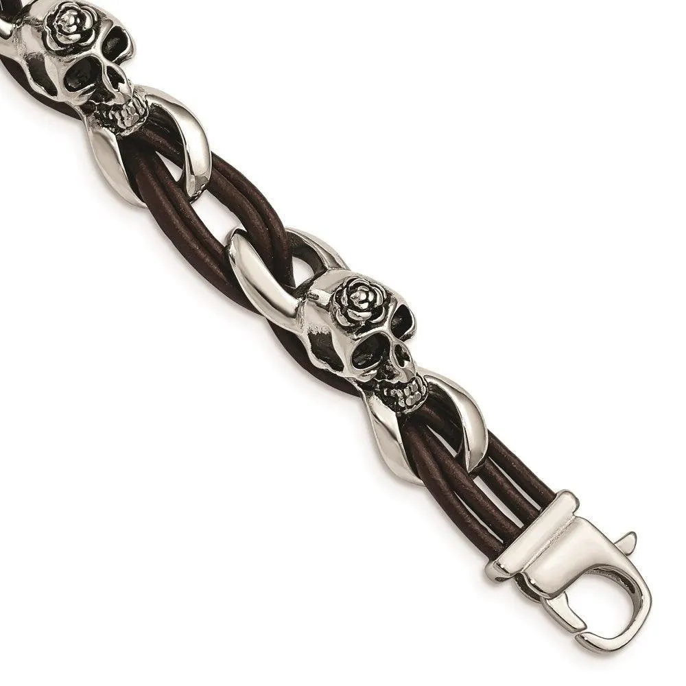 Stainless Steel Polished Skulls/Roses Brown Leather Bracelet 