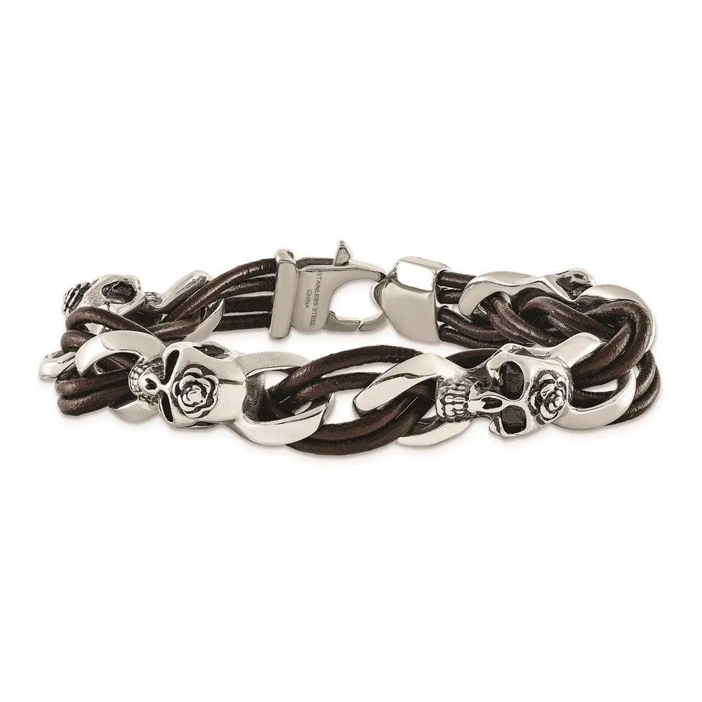 Stainless Steel Polished Skulls/Roses Brown Leather Bracelet