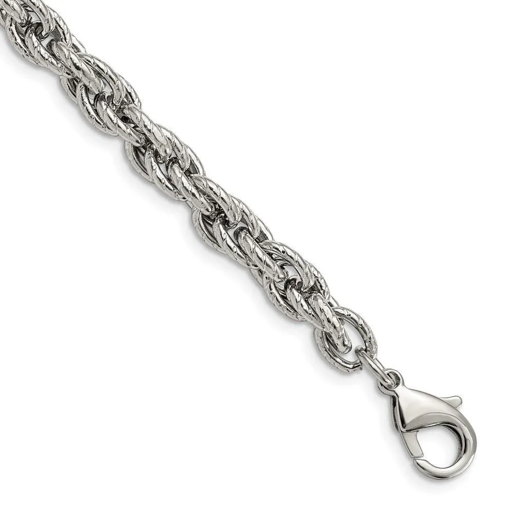 Stainless Steel Polished Textured Fancy Rope 8in Bracelet 