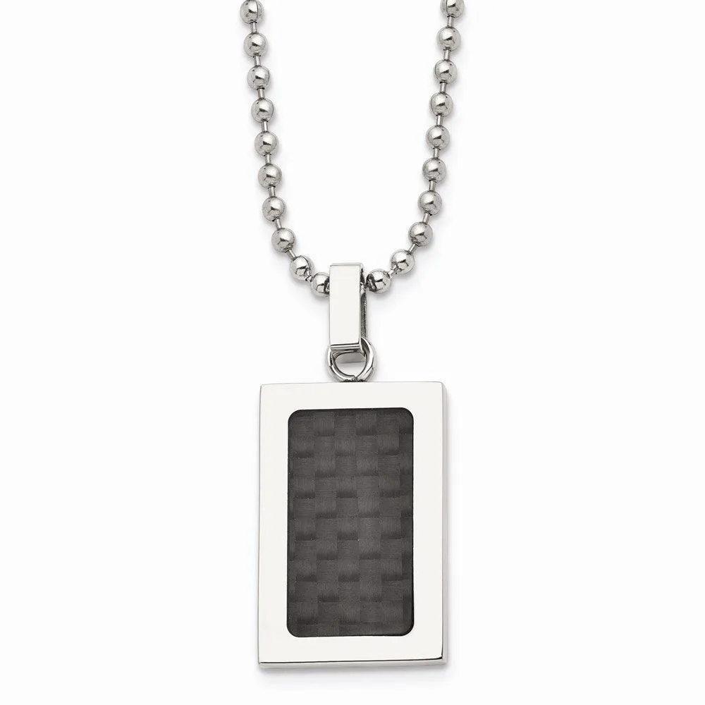 Stainless Steel Polished w/ Black Carbon Fiber Inlay 22in Necklace 