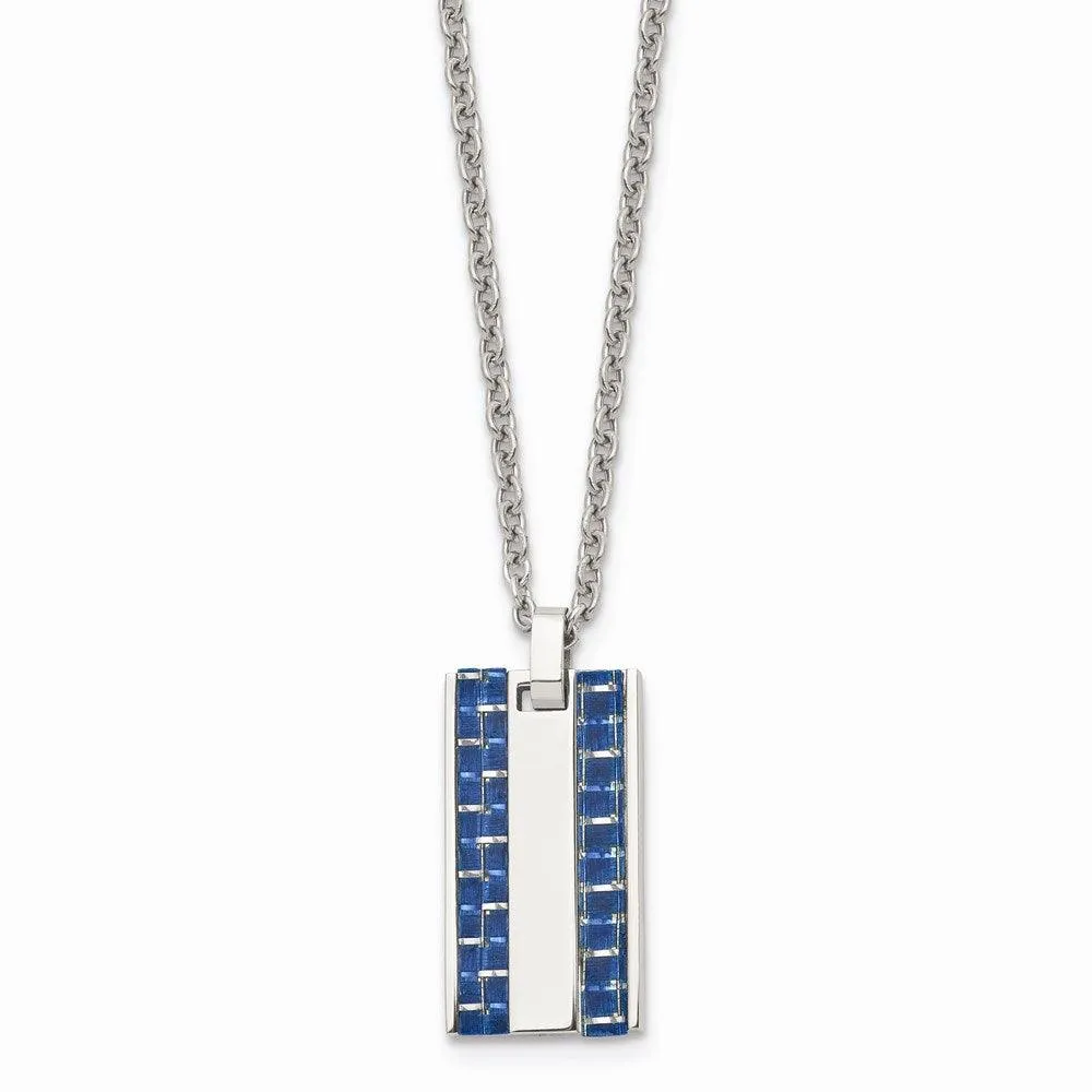 Stainless Steel Polished w/ Blue Carbon Fiber Inlay Small Dogtag Necklace 