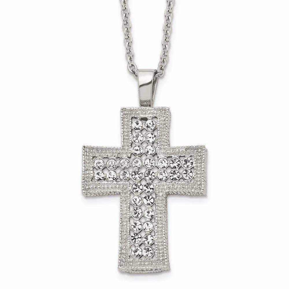 Stainless Steel Polished w/ Crystal Cross Necklace 