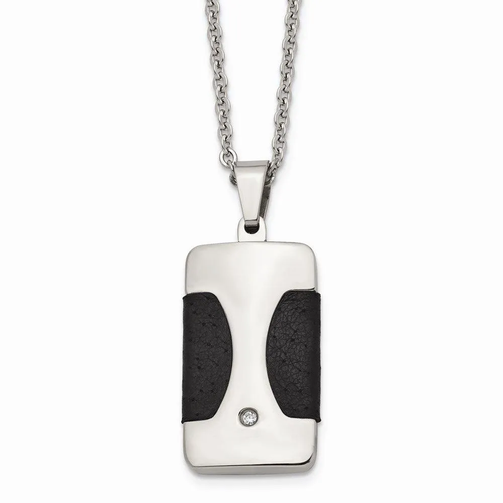 Stainless Steel Polished w/ CZ & Leather Reversible Inlay Necklace 